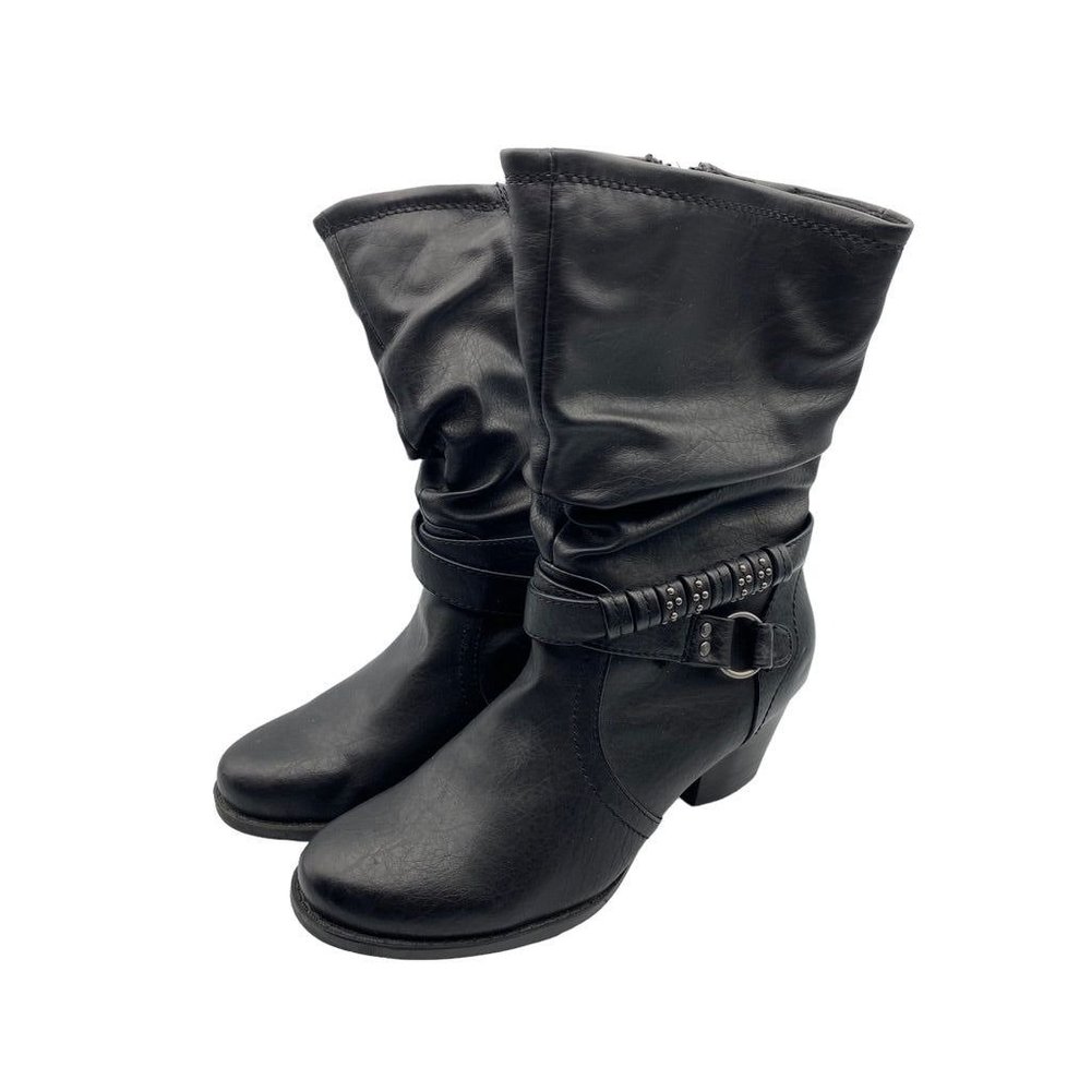 6.5M Bare Traps Women's "Reemona" Black Faux Leather Side Zip Boots 2" Block Hee